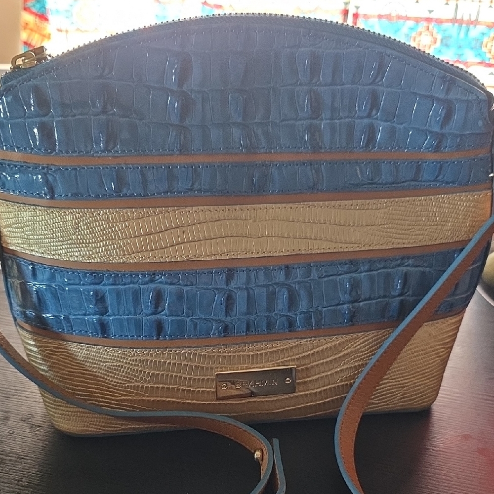 Brahmin Blue and Gold Crossbody Bag with Structured Design
